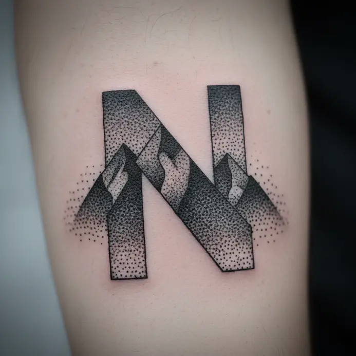 A geometric tattoo where a stylized letter N forms the silhouette of mountain peaks using dotwork shading.