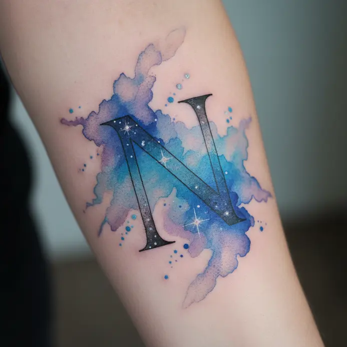 A soft, watercolor-style letter N tattoo blending into a wash of blues and purples with star details.