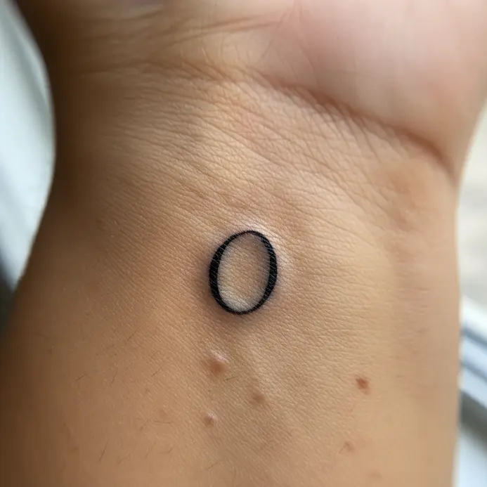 A thin, delicate black O tattoo placed on the inner wrist.