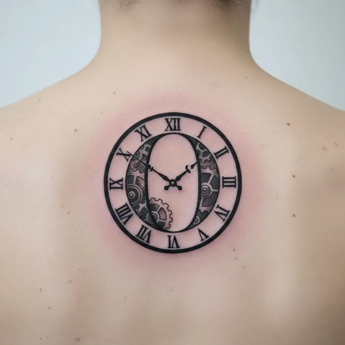An illustrative O shaped like a vintage clock face with roman numerals on the upper back.