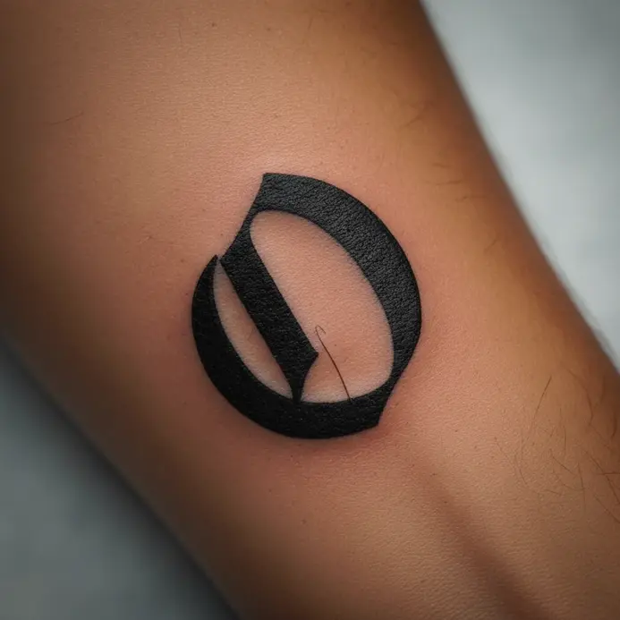 A bold, blackletter Gothic O tattoo with sharp serifs on a forearm.
