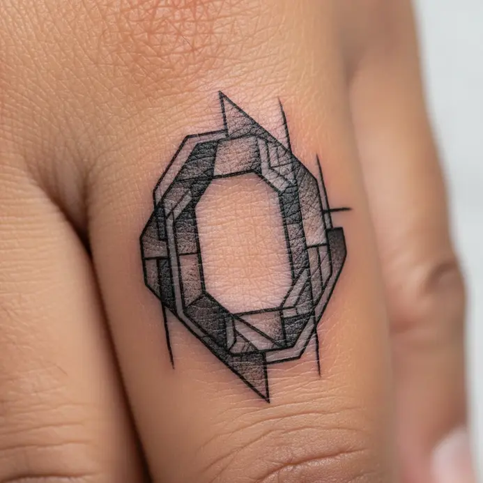 A geometric O design created with negative space on the side of a finger.