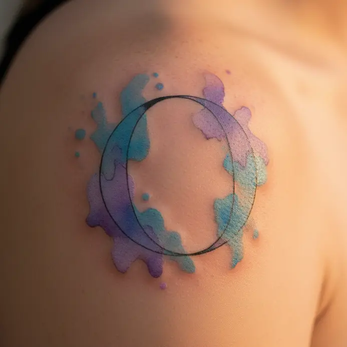 An O shape blended with soft watercolor splashes in blues and purples on a shoulder.