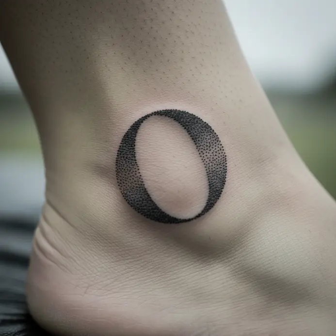 A circular O tattoo with intricate dotwork shading for a vintage look on an ankle.