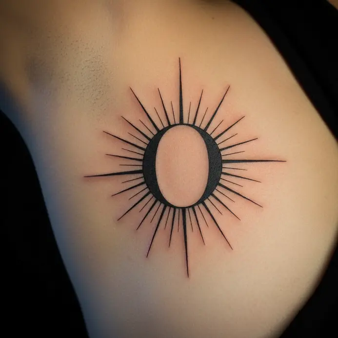 A letter O transformed into a stylized sun with radiating lines on the ribcage.