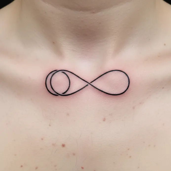 A delicate O shape elegantly looping into an infinity symbol along the collarbone.