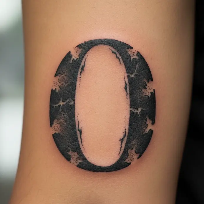 A bold, cracked and distressed letter O tattoo with a gritty texture on a bicep.