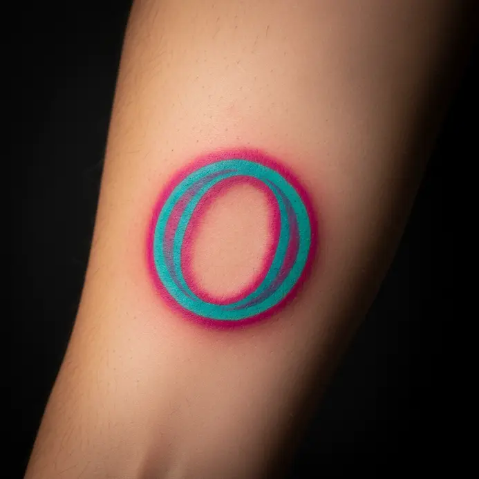 A vibrant O tattoo with a neon glow and subtle color halo on the inner arm.