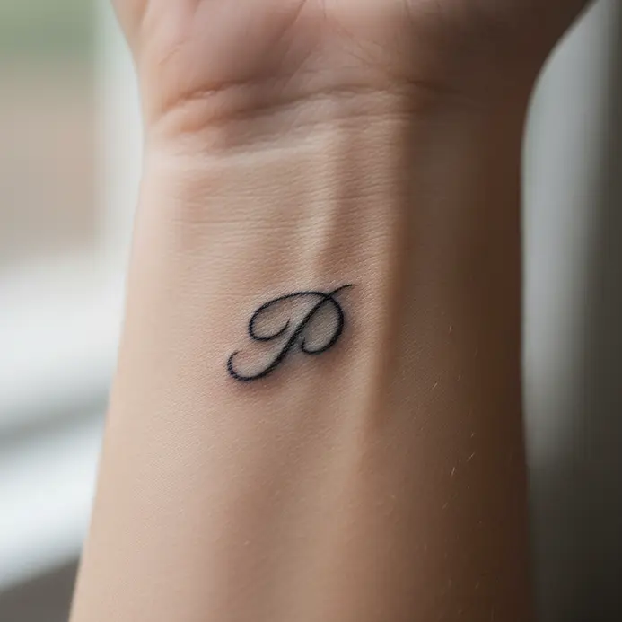 A single, elegant letter P tattoo in a thin script font on the inner wrist.
