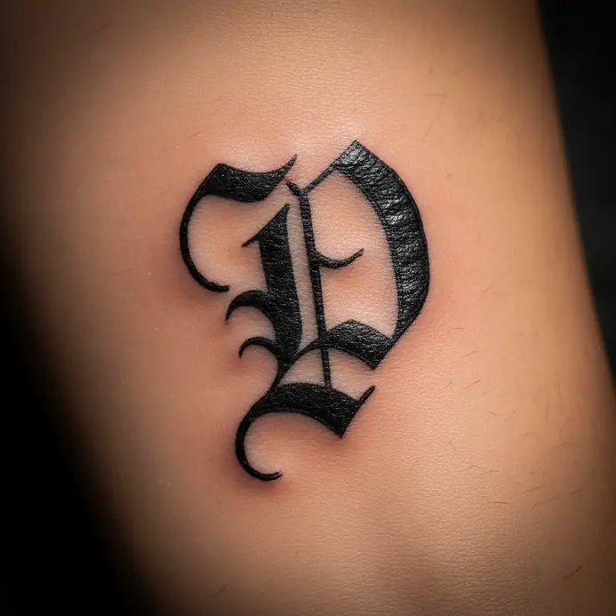 An ornate letter P tattoo in a traditional Gothic blackletter font with sharp angles.