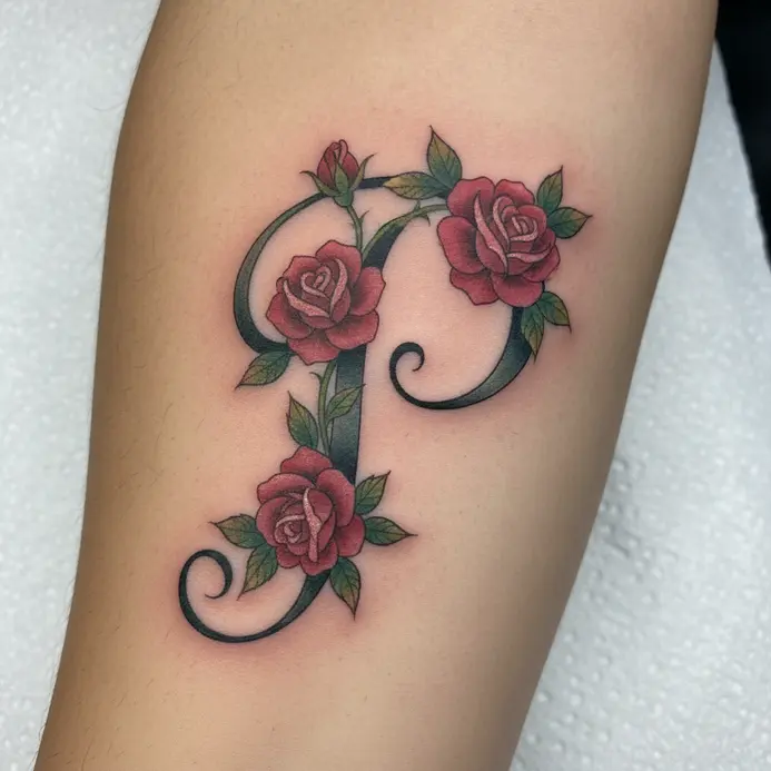 An illustrative tattoo where the stem of a letter P transforms into a rose vine with blossoms.