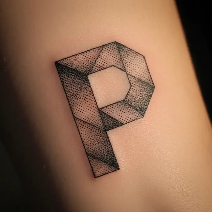 A symmetrical letter P tattoo created entirely from precise dotwork shading within a geometric frame.