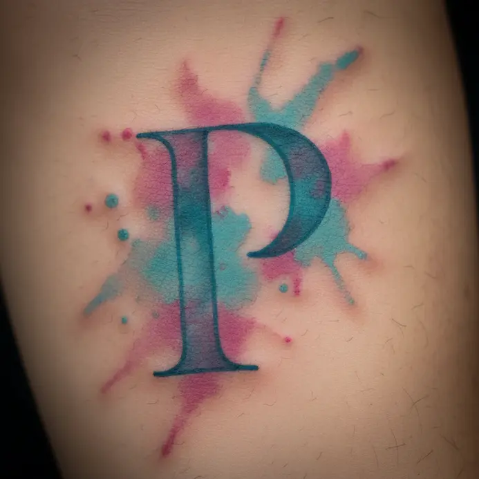 A bold letter P tattoo with soft watercolor washes of color bleeding from its edges.
