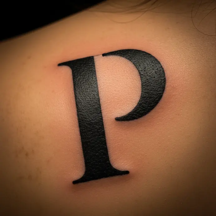 A solid, traditional letter P tattoo in a bold serif font with strong block shading.