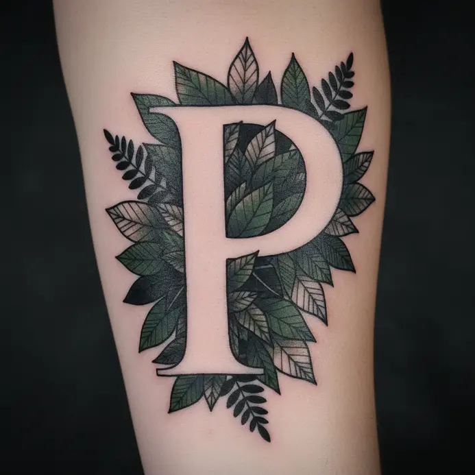 A negative space tattoo where the shape of a letter P is defined by a cluster of overlapping leaf silhouettes.