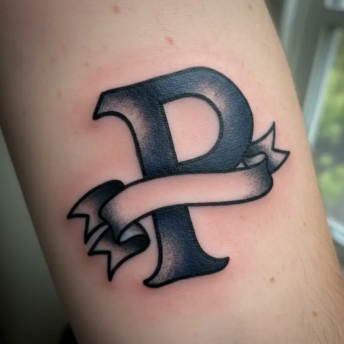 A classic tattoo of a bold letter P with a banner, rendered in traditional style with black outlines and limited color.