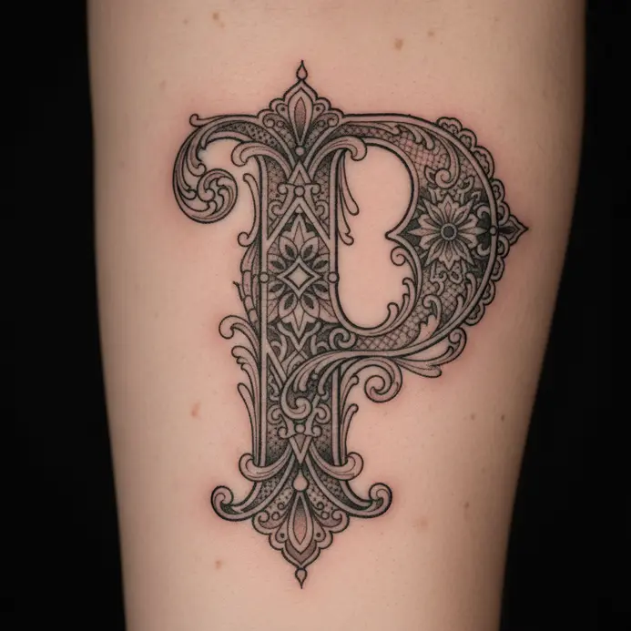 An elaborate letter P tattoo with intricate scrollwork, filigree, and Victorian-inspired decorative elements.