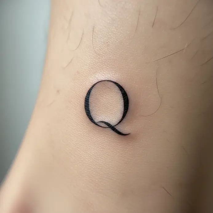 A delicate, single-needle serif letter Q tattooed on the side of an ankle.
