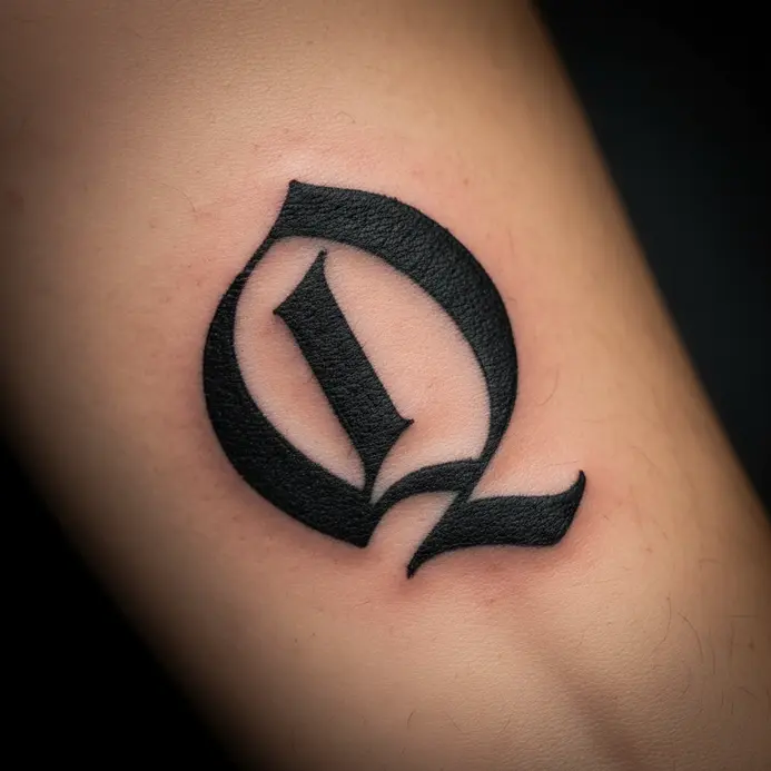 A detailed gothic blackletter style Q tattoo with sharp angles on a forearm.