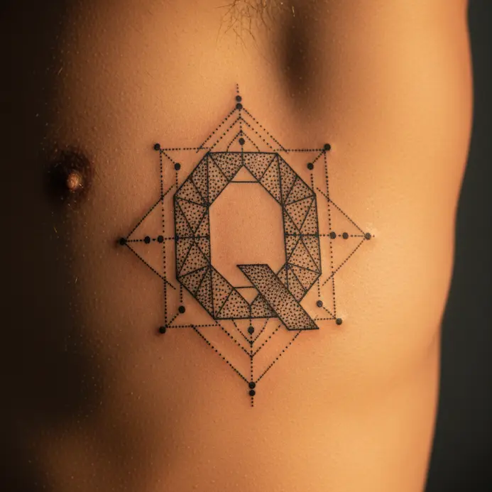 A letter Q formed from precise geometric dotwork and fine lines along the ribcage.
