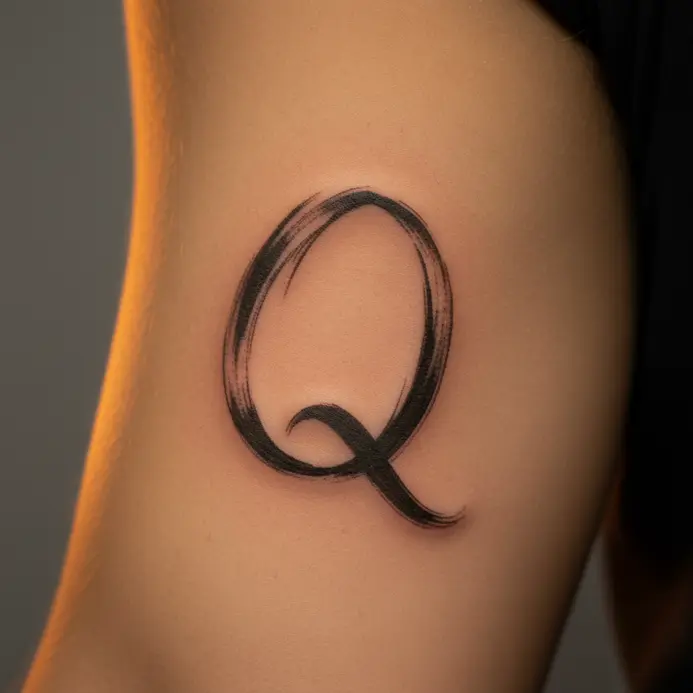 A letter Q tattoo that mimics the look of a single, fluid brushstroke on the inner bicep.