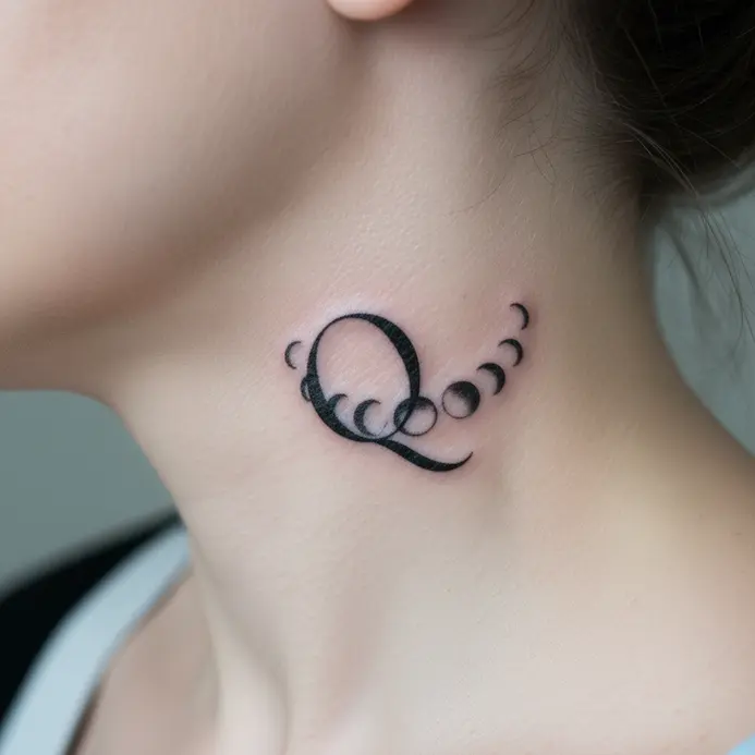 A subtle letter Q tattoo at the nape of the neck, with its tail curling into a series of small moon phases.