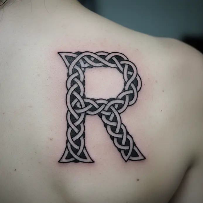 An intricate Celtic knot pattern shaped into the form of a letter R, tattooed on a shoulder blade.