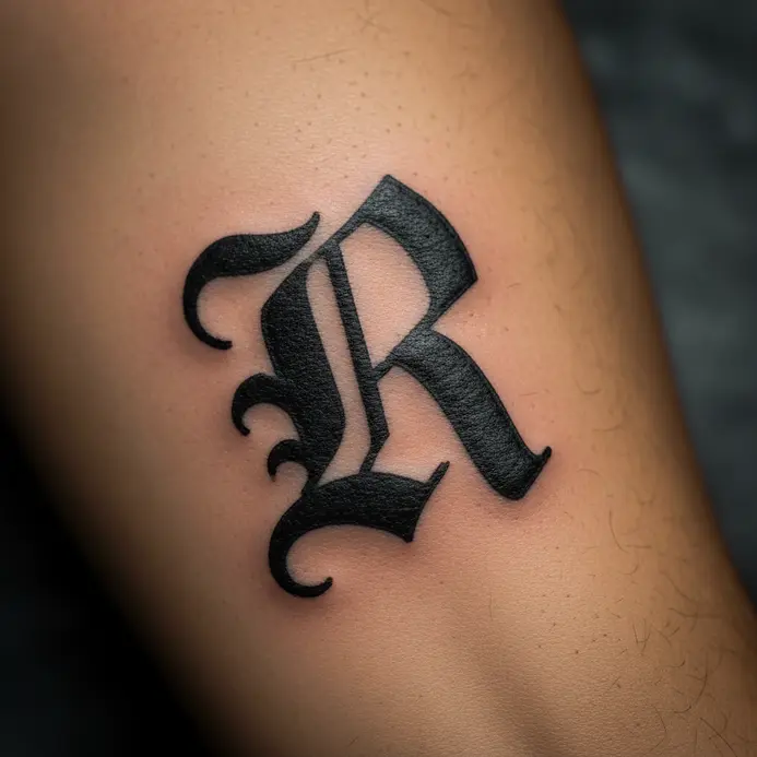 A thick, ornate Old English letter R tattoo in solid black ink on a forearm.