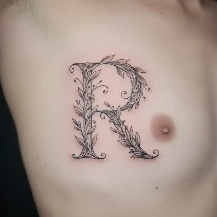 A script letter R with thin, leafy vines wrapping around its form, tattooed along the ribcage.