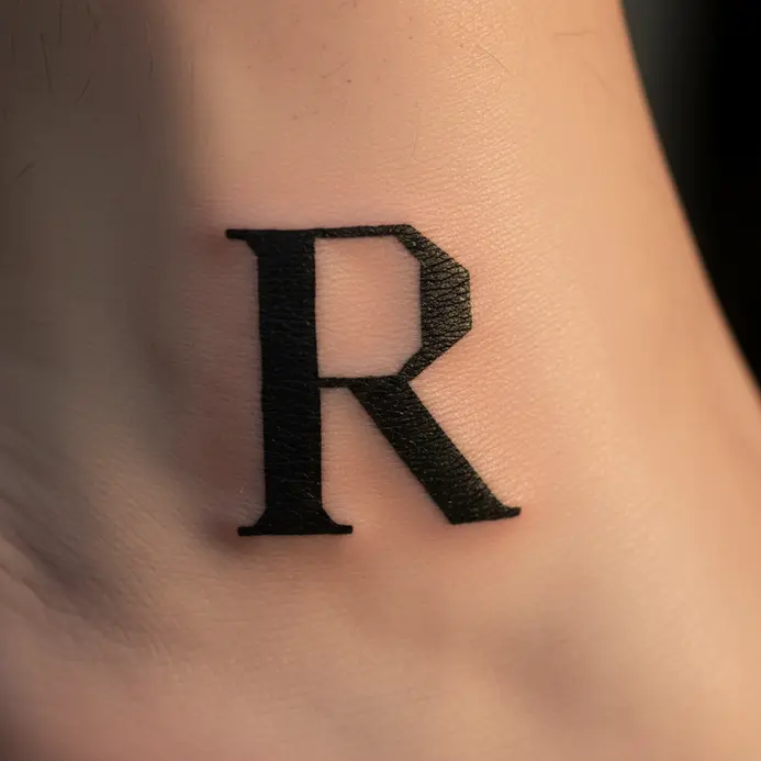 A thick, geometric block serif letter R tattoo in solid black on an ankle.