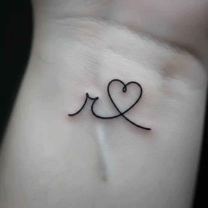 A simple line-art heart formed from the curves of a lowercase letter R, tattooed on a wrist.