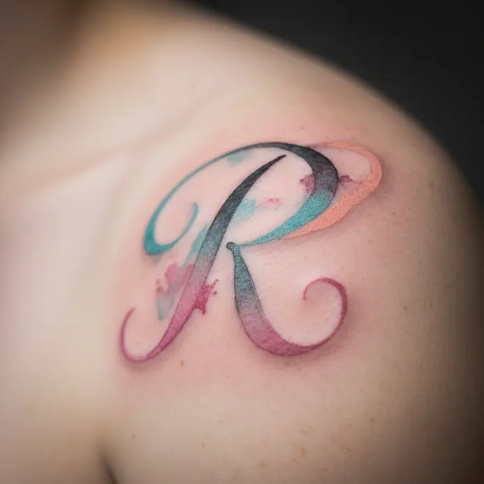 A script letter R tattoo with soft, blended color splashes resembling watercolor paint on a shoulder.
