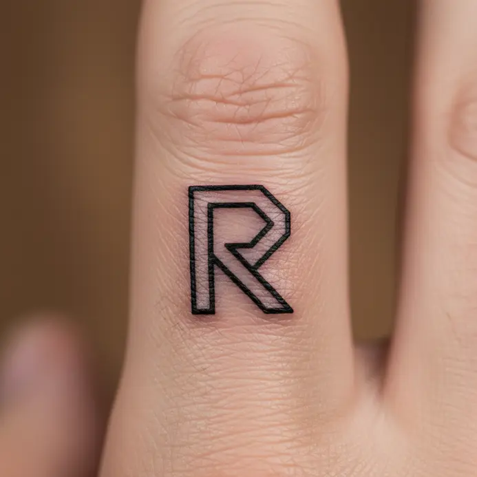 A simple, angular sans-serif letter R tattooed in black ink on the side of a finger.