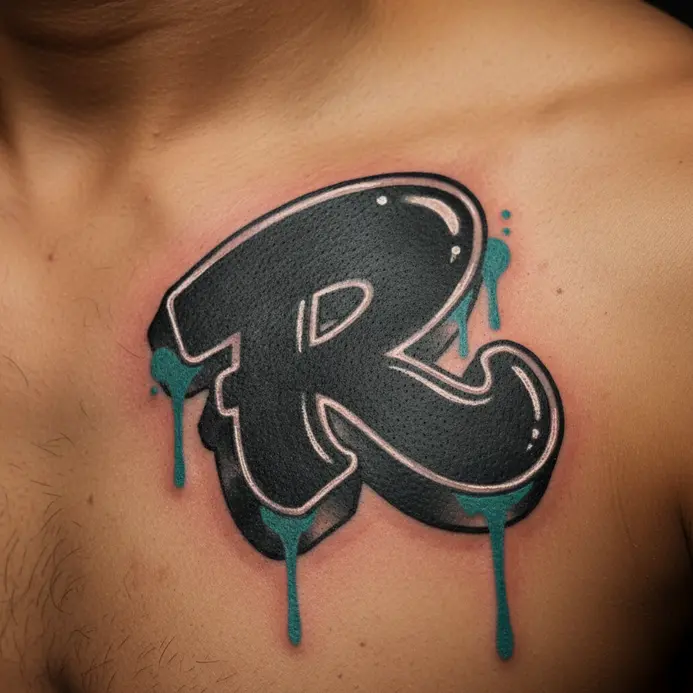 A stylized, bubbly graffiti letter R with shadow effects and drips, tattooed on the chest.
