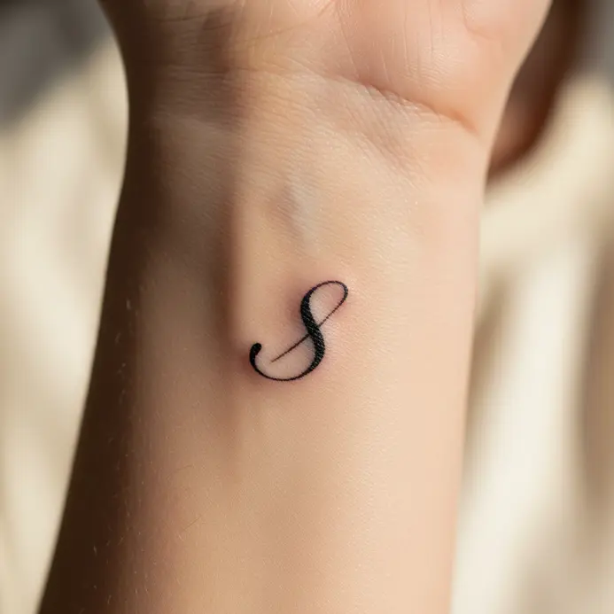 A delicate, single-needle script letter S tattooed on a wrist.