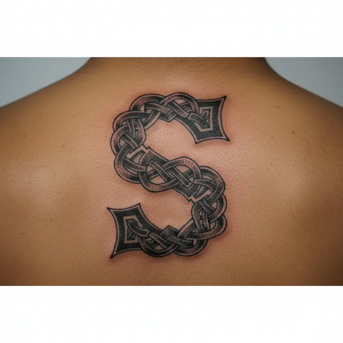An ornate, interwoven Celtic knot forming the letter S, tattooed across the upper back.