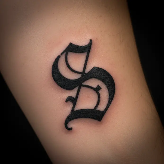 A solid black, ornate gothic letter S with sharp serifs tattooed on a forearm.