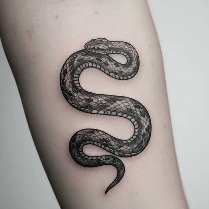 A realistic snake tattoo coiled around an arm to create the shape of the letter S.
