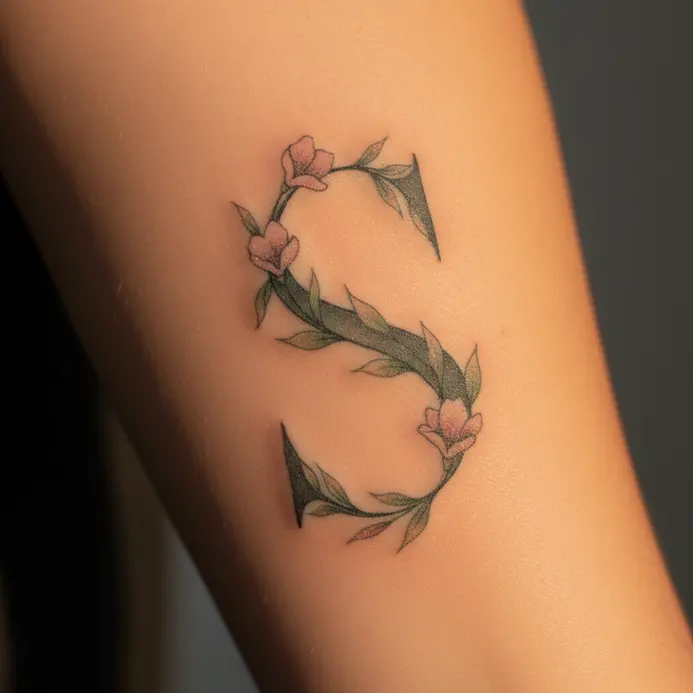 A script letter S tattoo with detailed floral vines and leaves wrapping around its curves.