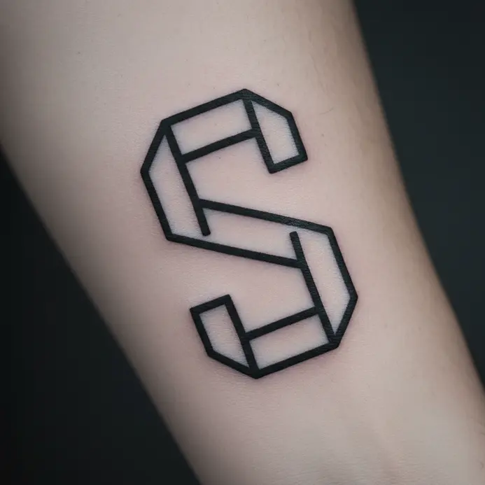 A modern, abstract letter S design composed of straight lines and geometric shapes.