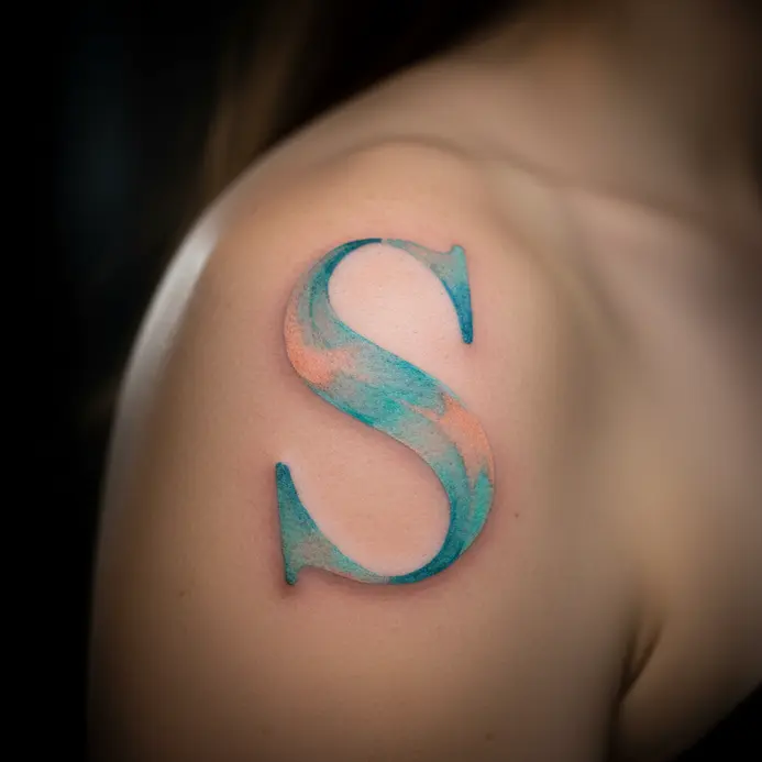 A letter S tattoo created with soft, blended watercolor brushstroke effects in multiple colors.