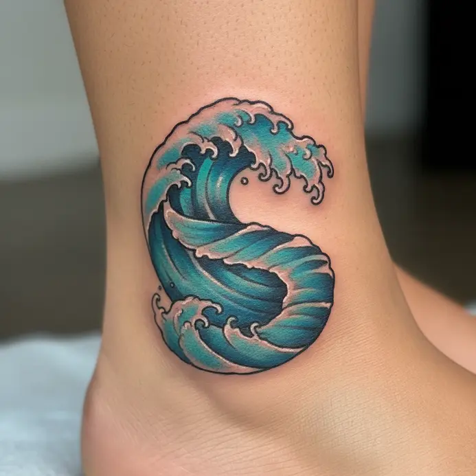 A letter S tattoo designed as a stylized ocean wave with foamy details, placed on an ankle.
