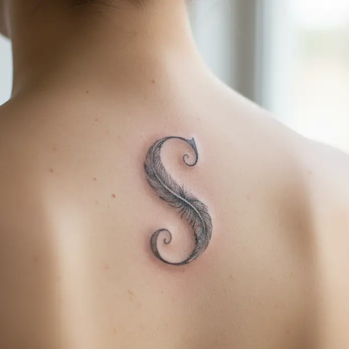 A long, vertical letter S tattoo with detailed feather texture and barbs, following the spine.