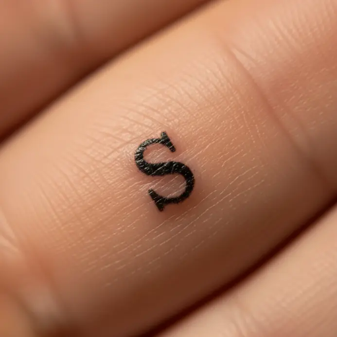 A small, simple letter S in a classic typewriter font tattooed on the side of a finger.
