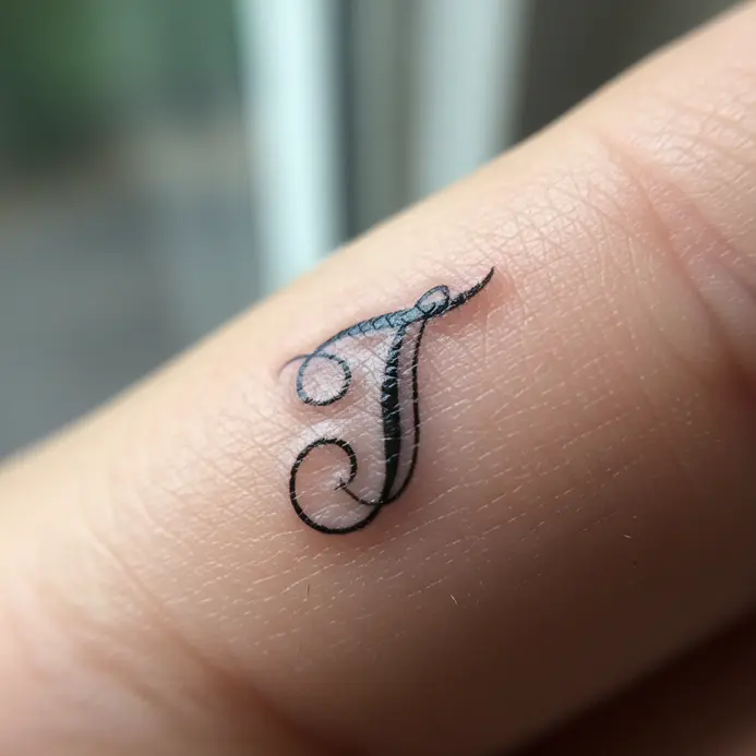 A thin, elegant script letter T tattooed along the side of a finger.