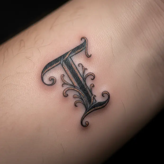 A detailed, decorative letter T with Victorian serifs tattooed on the inner wrist.
