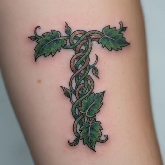 A letter T formed from intertwined leaves and vines tattooed along the forearm.