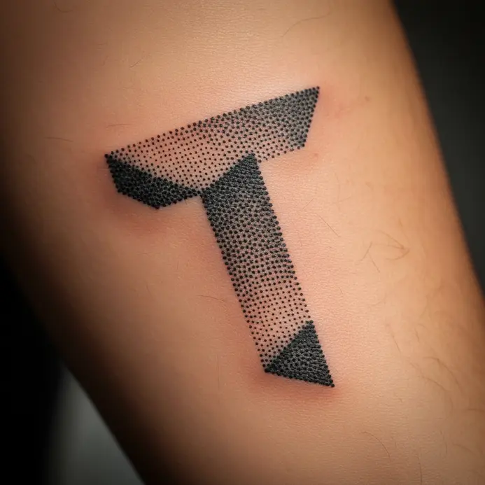 An angular, geometric letter T tattoo using dotwork shading techniques on the forearm.