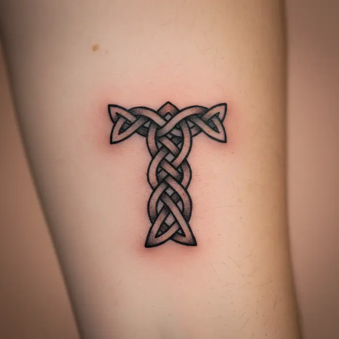 A compact letter T tattoo where the lines form an intricate, unbroken Celtic knot.