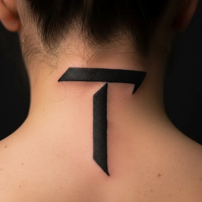 A subtle letter T tattoo on the nape, where the shape is formed by the untouched skin.